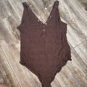 Fashion Nova Chocolate Ribbed V-Neck Tank Bodysuit